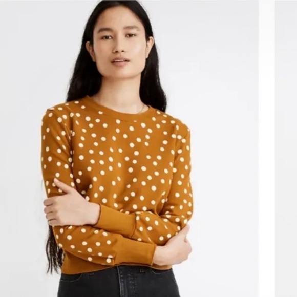 Madewell Sz S Banded Sweatshirt In Polka Dot Print Gold Cotton Polyester - Picture 2 of 7